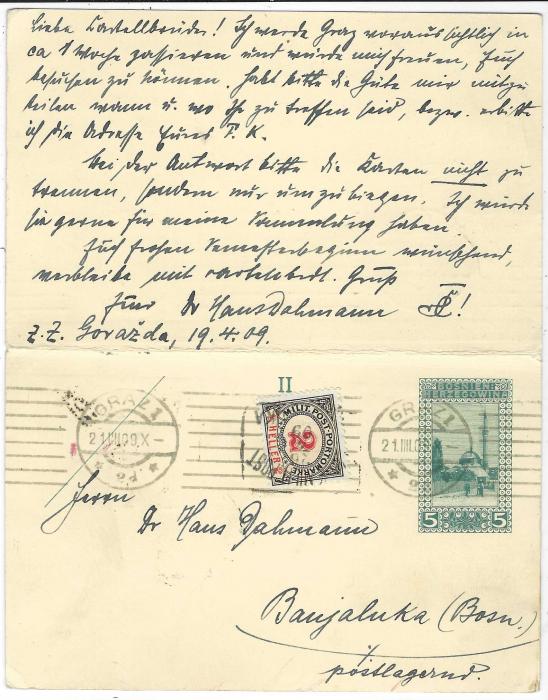 Bosnia 1910 intact 5h internal reply stationery card with outward part addressed to Graz tied K.Und K.Militarpost Gorazda cds without any uprating stamp but not charged, the reply section returned to Banjaluka from Graz, again not uprated but this time 2h Postage Due added and tied Banjaluka date stamp.