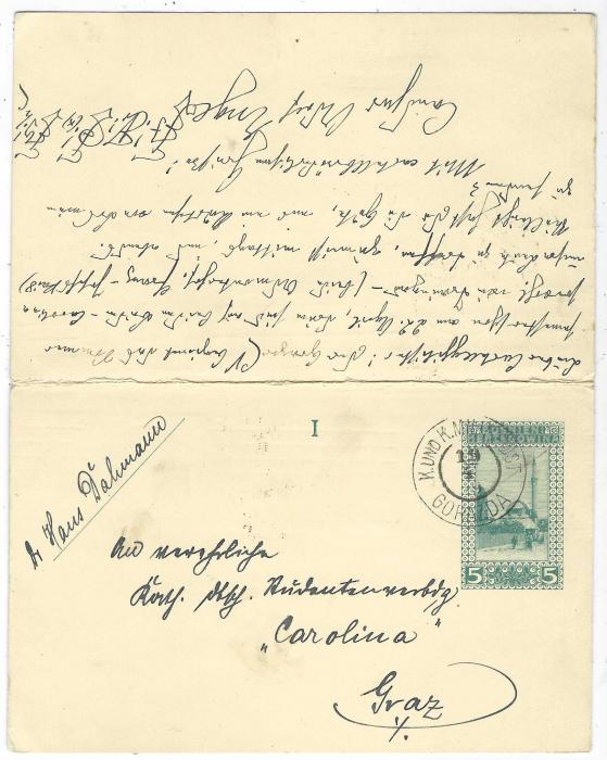 Bosnia 1910 intact 5h internal reply stationery card with outward part addressed to Graz tied K.Und K.Militarpost Gorazda cds without any uprating stamp but not charged, the reply section returned to Banjaluka from Graz, again not uprated but this time 2h Postage Due added and tied Banjaluka date stamp.
