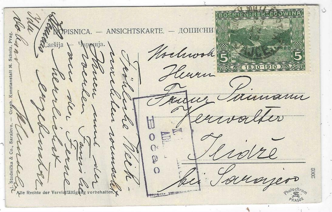 Bosnia 1910 (21/12) picture postcard to Sarajevo, franked 5h. tied Jajce cds, below this example of the rare framed Bocac handstamp, a smaller office supporting the main Sarajevo office.