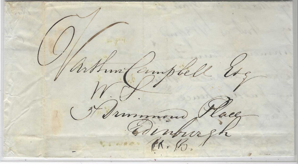 Danish West Indies 1840 entire to Edinburgh without any sign of despatch but the author of the short letter, Clinton Spalding is recorded around 1838-45 at St. Croix (Christiansted and later at St Thomas). The reverse shows unframed green LEEWARD ISLAND F without date applied at Falmouth, arrival cancel alongside.