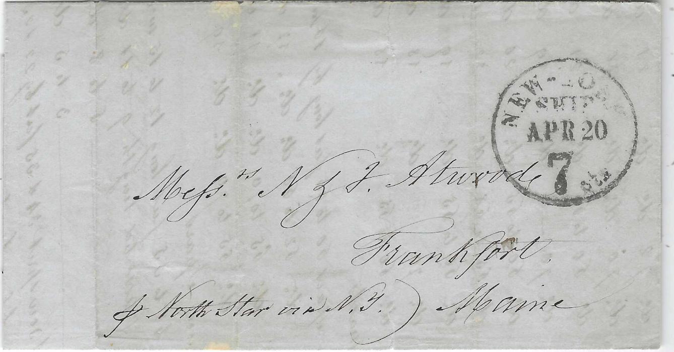 Danish West Indies Undated entire to Frankfort, Maine, endorsed “pr North Star via N.Y.”, the reverse showing single  oval St Thomas Foreign Letter Office handstamp (in use 1846-61), the front with New York/ Ship/ 7cts cds.