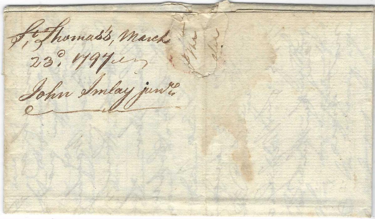 Danish West Indies 1797 (March 23) entire from St Thomas to Philadelphia, endorsed “Schooner “Liwely”/ C Clark”, struck on arrival by ‘4’ cents handstamp. This is the earliest handstamp rate marking of the United States (1792-98), 15 letters recorded; some filing creases, scarce.