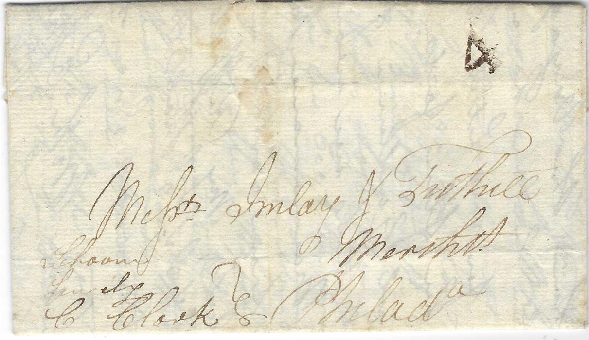 Danish West Indies 1797 (March 23) entire from St Thomas to Philadelphia, endorsed “Schooner “Liwely”/ C Clark”, struck on arrival by ‘4’ cents handstamp. This is the earliest handstamp rate marking of the United States (1792-98), 15 letters recorded; some filing creases, scarce.