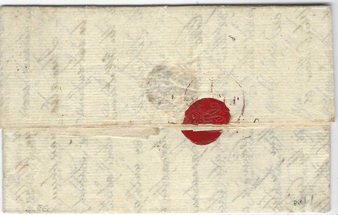 Danish West Indies 1804 (27 Jan) entire to Aberdeen endorsed “Per Packet”, headed St Croix and bearing fine two-line Tortola/ Jan 30 1804, rated “2/2” amended to “2/4” in manuscript and with large type red Bishop arrival date stamp MR/17; light and clean filing crease towards base. A fine early letter carried privately from St Croix to Tortola (British Virgin Islands); a fine example.