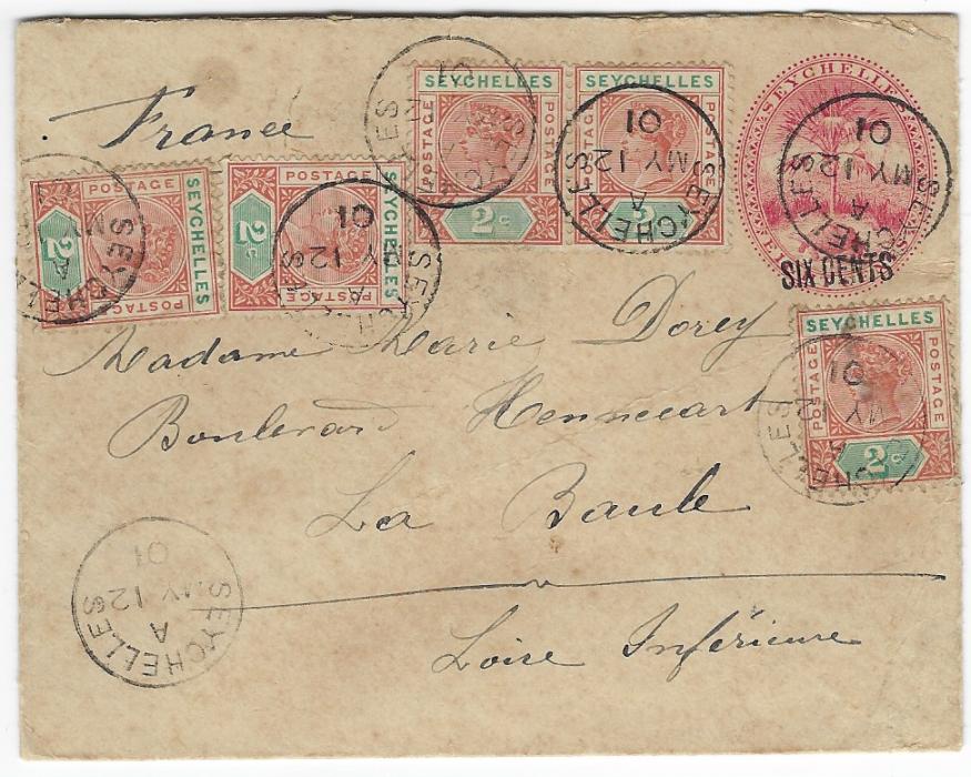 Seychelles (Postal Stationery) 1901 (MY 12) ‘SIX CENTS’ on 8c envelope to France additionally franked 1897-1900 2c. orange-brown and green (pair and three singles) tied by index A cds, arrival backstamp; diagonal crease and some ageing mainly affecting stamp at right