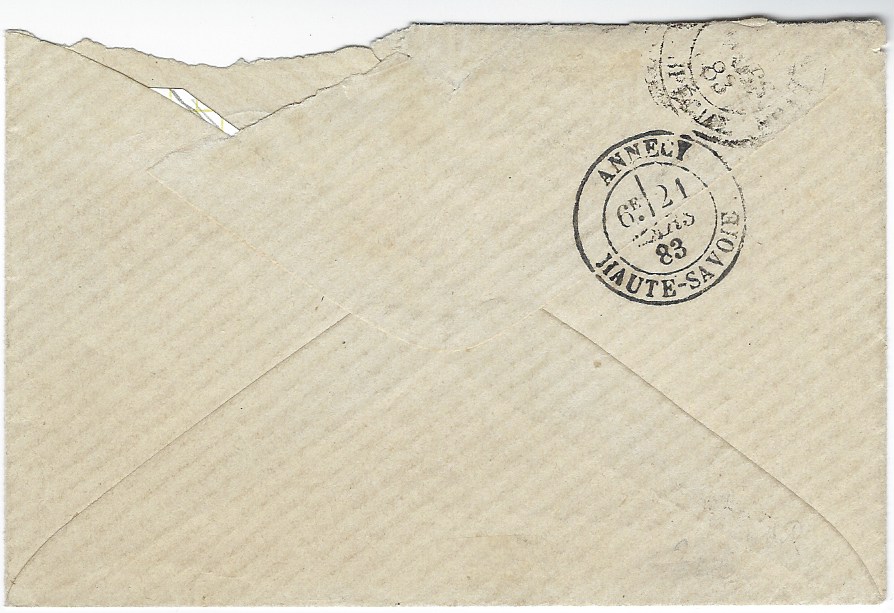 Seychelles (Mauritius Used in) 1883 (March) envelope to Annecy, France franked 1879-89 8c. blue pair tied by two clear ‘B64’ obliterators with Seychelles cds without index letter at right, arrival backstamp. Envelope roughly opened at top with some loss of paper, scarce.