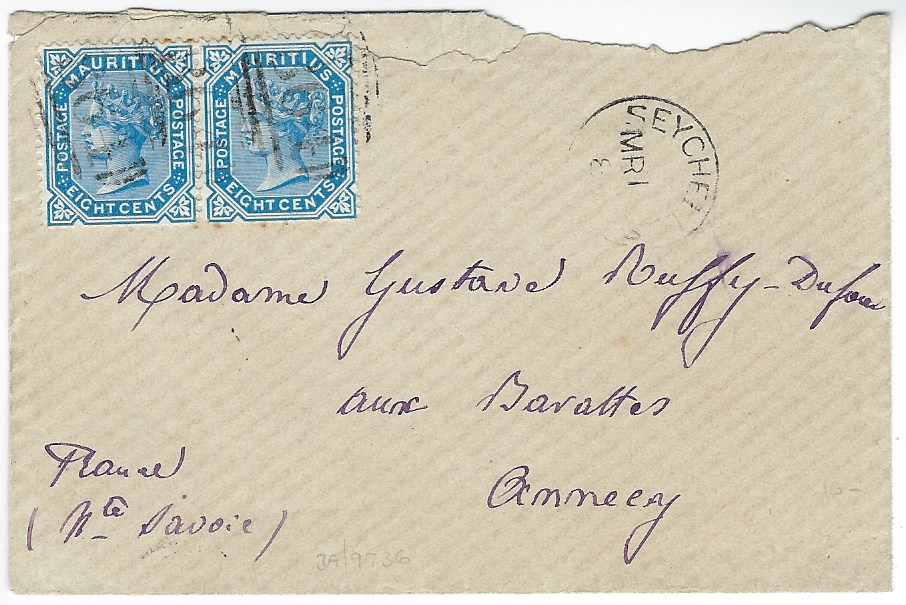 Seychelles (Mauritius Used in) 1883 (March) envelope to Annecy, France franked 1879-89 8c. blue pair tied by two clear ‘B64’ obliterators with Seychelles cds without index letter at right, arrival backstamp. Envelope roughly opened at top with some loss of paper, scarce.