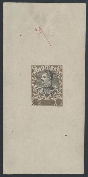 SERBIA 1903, E.Mouchon retouched proof grey & black, numbered in manuscript 