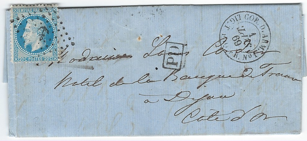 Seychelles (French Maritime Mail) 1869 (1 Sept) entire to Dijon, France bearing,  at military concession rate, 20c Laureated Napoleon tied by anchor in dotted lozenge with Cor. D. Arm. Lig. T. Paq.Fr. no.1  cds at right, framed PD at centre, reverse with Paris transit and arrival cds. Inverted month in cancel.
A recently discovered cover from the Messageries Imperiales shipping agent in Mahe. The French Post Office at Mahe was open from 1864 to 1870, the agent corresponded back to France over this period. Of this correspondence of 11 covers only three bore French stamps.
