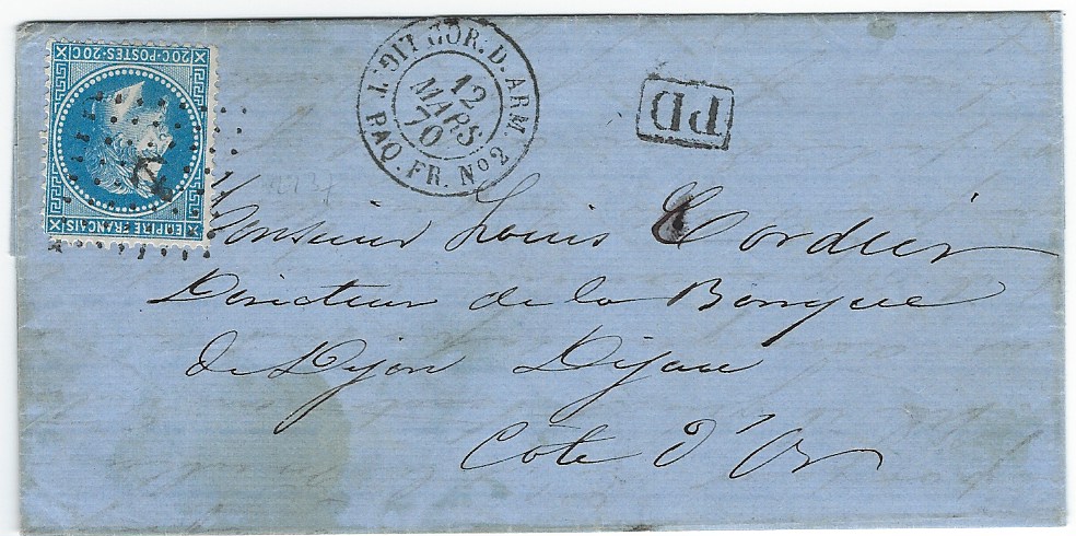 Seychelles (French Maritime Mail) 1870 (12 Mars) entire to Dijon, France bearing,  at military concession rate, 20c Laureated Napoleon tied by anchor in dotted lozenge with Cor. D. Arm. Lig. T. Paq.Fr. no.2  cds at right, framed PD to right, reverse with Paris transit and arrival cds.
A recently discovered cover from the Messageries Imperiales shipping agent in Mahe. The French Post Office at Mahe was open from 1864 to 1870, the agent corresponded back to France over this period. Of this correspondence of 11 covers only three bore French stamps.

