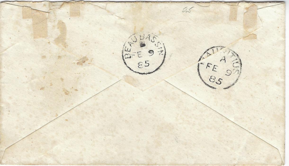 Seychelles Mauritius Used in - Postal Stationery) 1885 Queen Victoria 8d. grey envelope with Seychelles cds with reverse ‘C’ index, to Beau Bassin, Mauritius with arrival cds on reverse. The B64 obliterator unclear on stamp image.
One of only three known usages of the 8d envelope on Seychelles. Less than a dozen Mauritius postcards and envelopes have been recorded sent abroad from Seychelles within the period of their usage.
