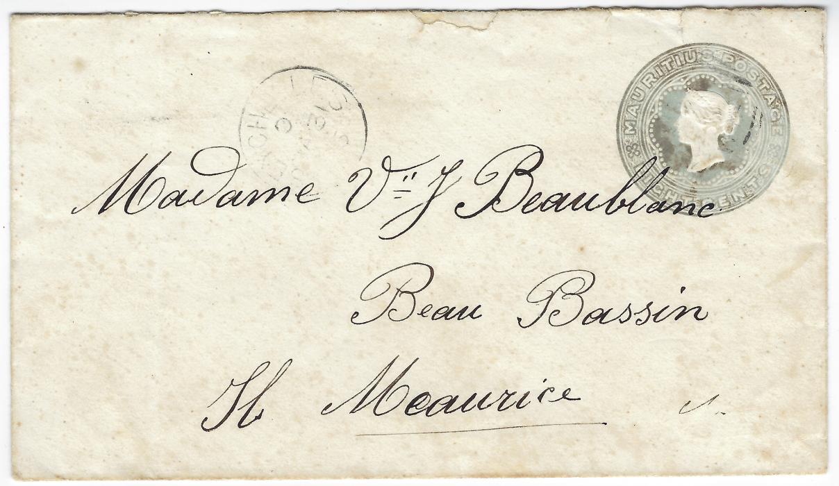 Seychelles Mauritius Used in - Postal Stationery) 1885 Queen Victoria 8d. grey envelope with Seychelles cds with reverse ‘C’ index, to Beau Bassin, Mauritius with arrival cds on reverse. The B64 obliterator unclear on stamp image.
One of only three known usages of the 8d envelope on Seychelles. Less than a dozen Mauritius postcards and envelopes have been recorded sent abroad from Seychelles within the period of their usage.
