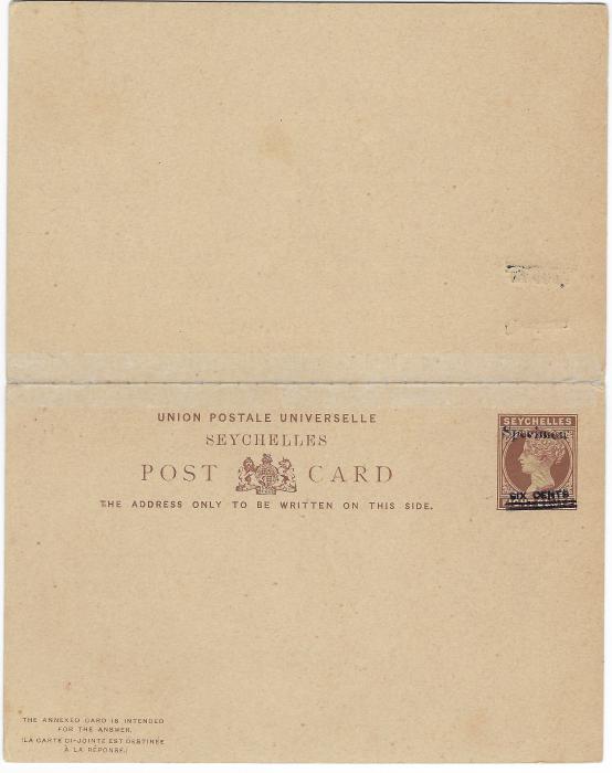 Seychelles (Postal Stationery) 1902 SIX CENTS on 8c. brown reply stationery card, each part overprinted locally  ‘Specimen’ and the reply section showing a clear double surcharge. Fine and rare variety.