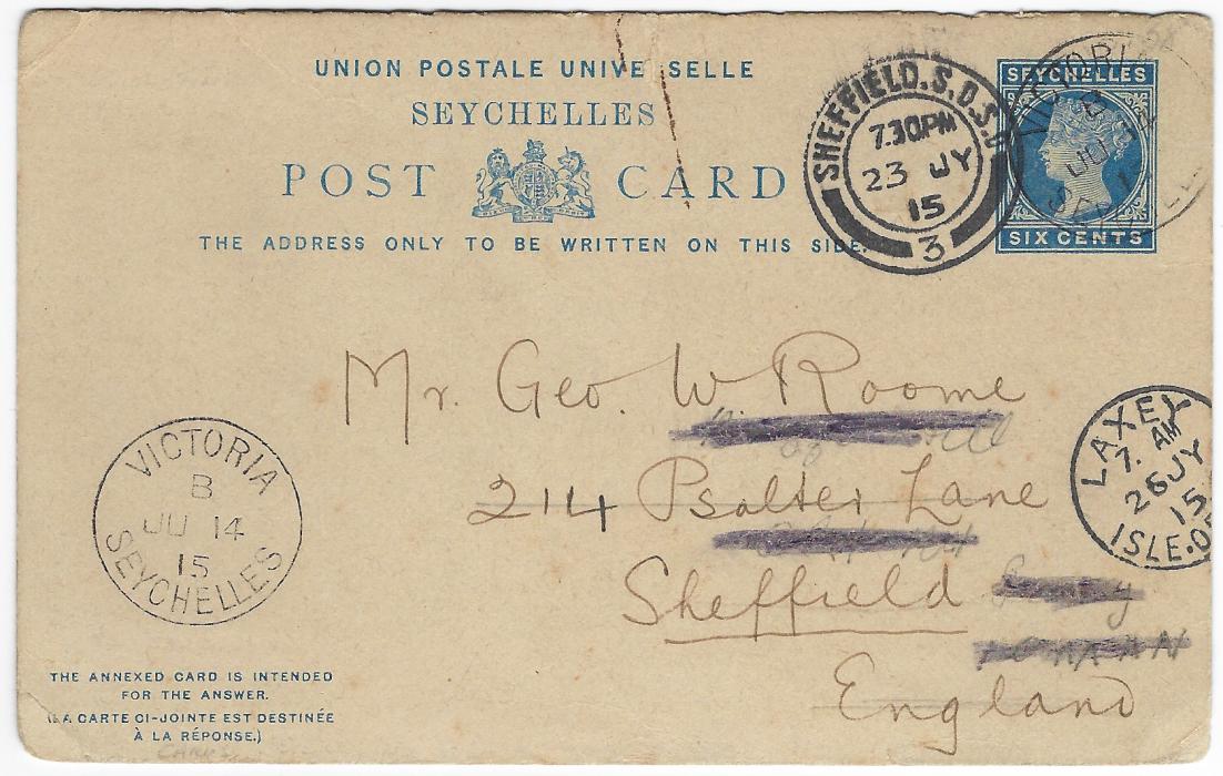 Seychelles Postal Stationery) 1915 6c blue stationery card, the outward section of the reply card used to England.
Only two copies known. Not recorded by Higgins & Gage or Robson Lowe. It is probable the front halves were held back until the reply halves were sold out as no example has been recoreded before 1909. Ex Jeffrey Weiss.
