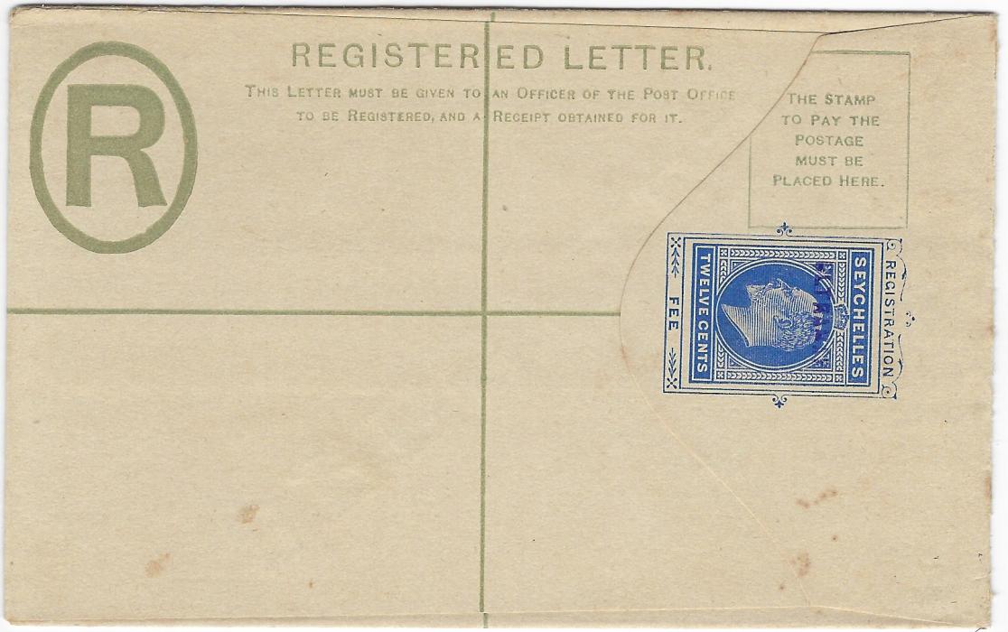 Seychelles (Postal Stationery) 1903 KEVII registered envelope, size F overprinted SPECIMEN on reverse (DLR Type D-PS 1) and additionally handstamped ULTRAMAR in blue at top of portrait by Portuguese. Some slight soiling, a scarce handstamp on Seychelles.