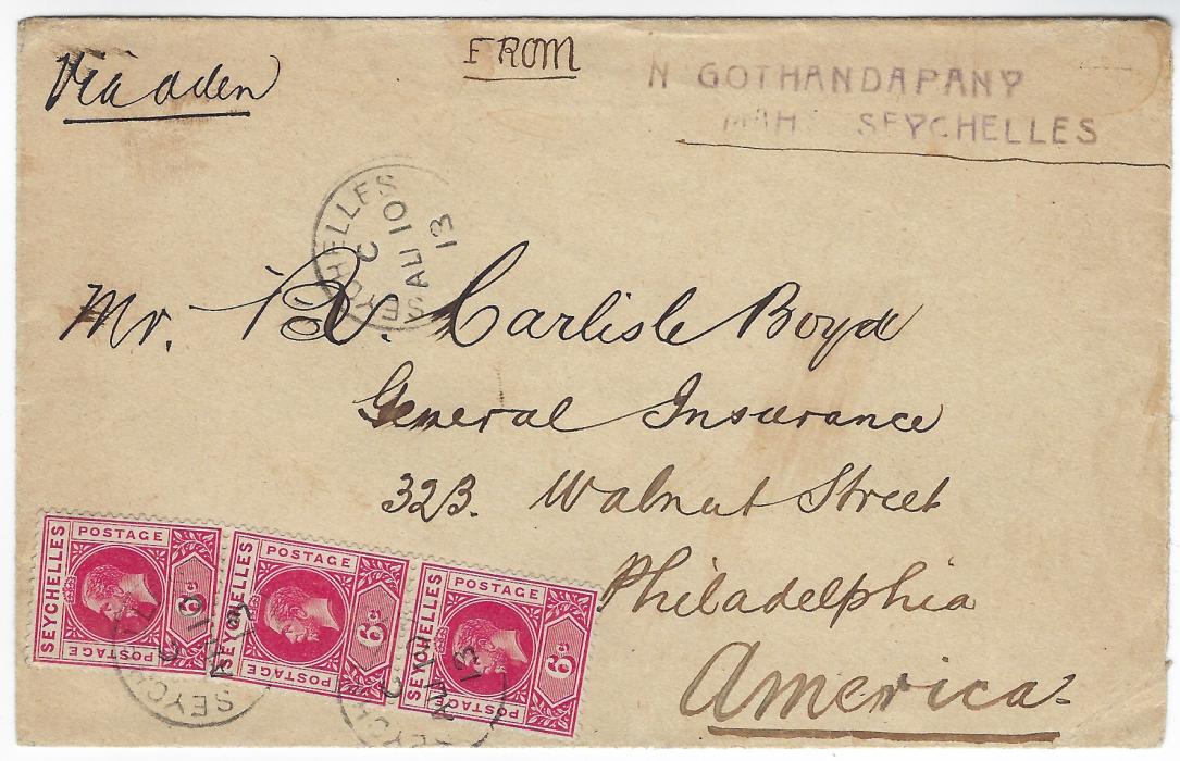 Seychelles 1913 (AU 10) envelope to Philadelphia franked 1912-16 6c. (3) tied by index C cancels, endorsed “Via aden” at top, without backstamps, a scarcer correctly rated commercial cover.