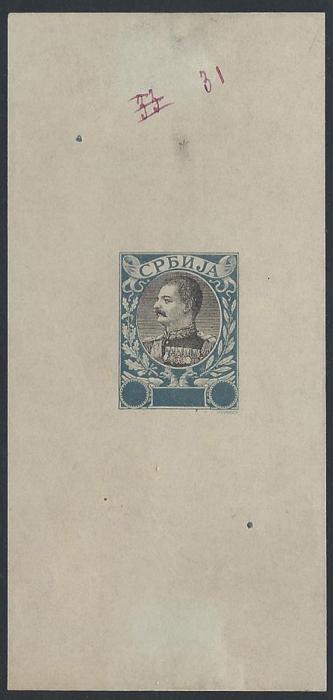 SERBIA 1903, E.Mouchon retouched proof blue & black, numbered in manuscript 