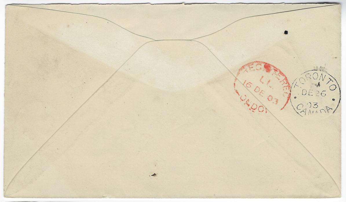 Seychelles 1903 (NO 15) registered cover to Toronto, Canada franked by 30c violet and dull green vertical strip of three tied by cds with indistinct index B, reverse without backflap not affecting red London transit or arrival cds.