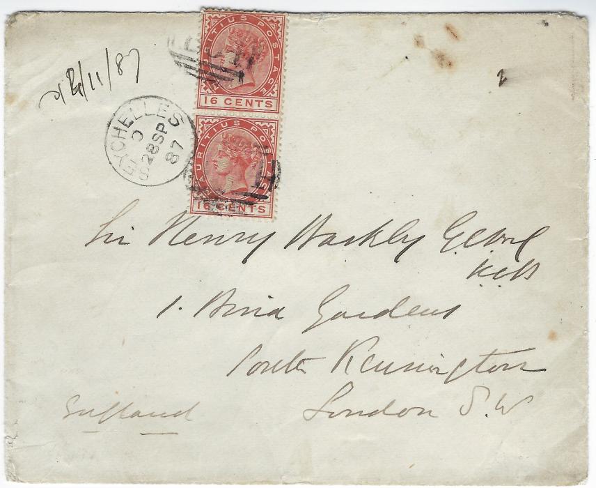 Seychelles (Mauritius Used In) 1887 (28 SP) envelope, with red Government House crest on reverse, to London franked 1883 16c. vertical pair tied ‘B64’ obliterators, Seychelles cds alongside with reverse ‘C’ index; arrival backstamp with backflap torn on opening.