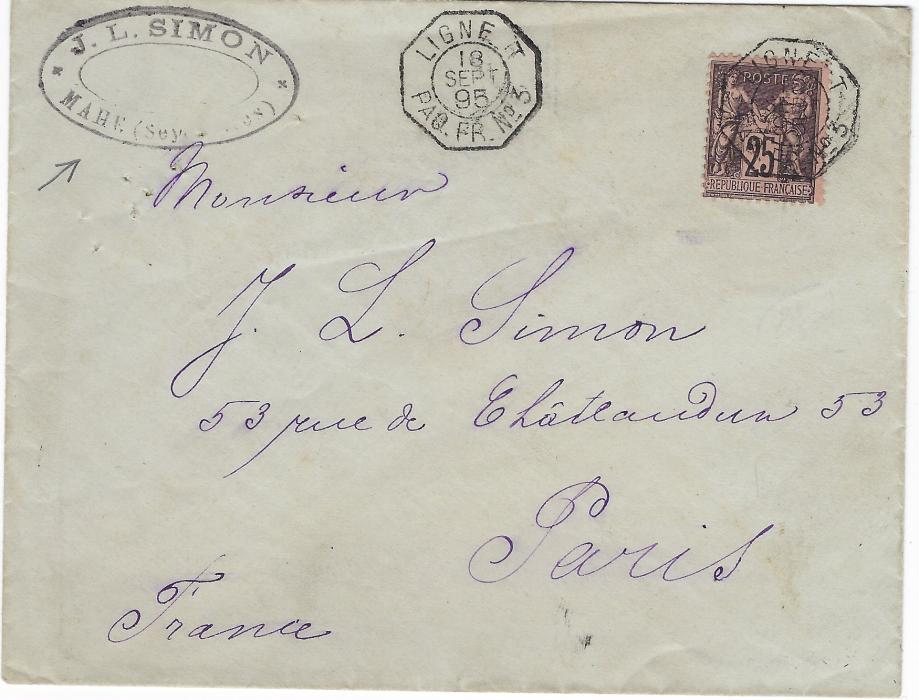 Seychelles 1895 commercial envelope to Paris bearing an oval handstamp J.L. Simon/ MAHE (Seychelles) franked 25c. Sage tied octagonal Ligne T Paq. Fr. No.3 date stamp; fine clean condition without backstamps. Fine example of French Office at Mahe.