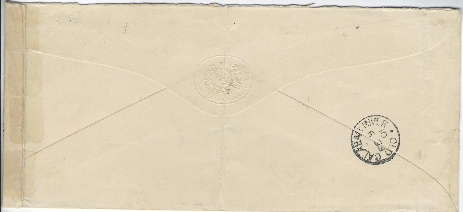 Nigeria 1901 printed stampless OHMS envelope addressed to Southampton, England with OHMS erased and manuscript “Obiom Expeditionary Force” above and below “In Obiom Country. No stamps available” endorsements, Old Calabar River cds (FE 9/ 01) on front, repeated on reverse, Officers initials bottom left, Plymouth arrival duplex top right. Vertical filing creases, fresh condition, Ex Col Danson.