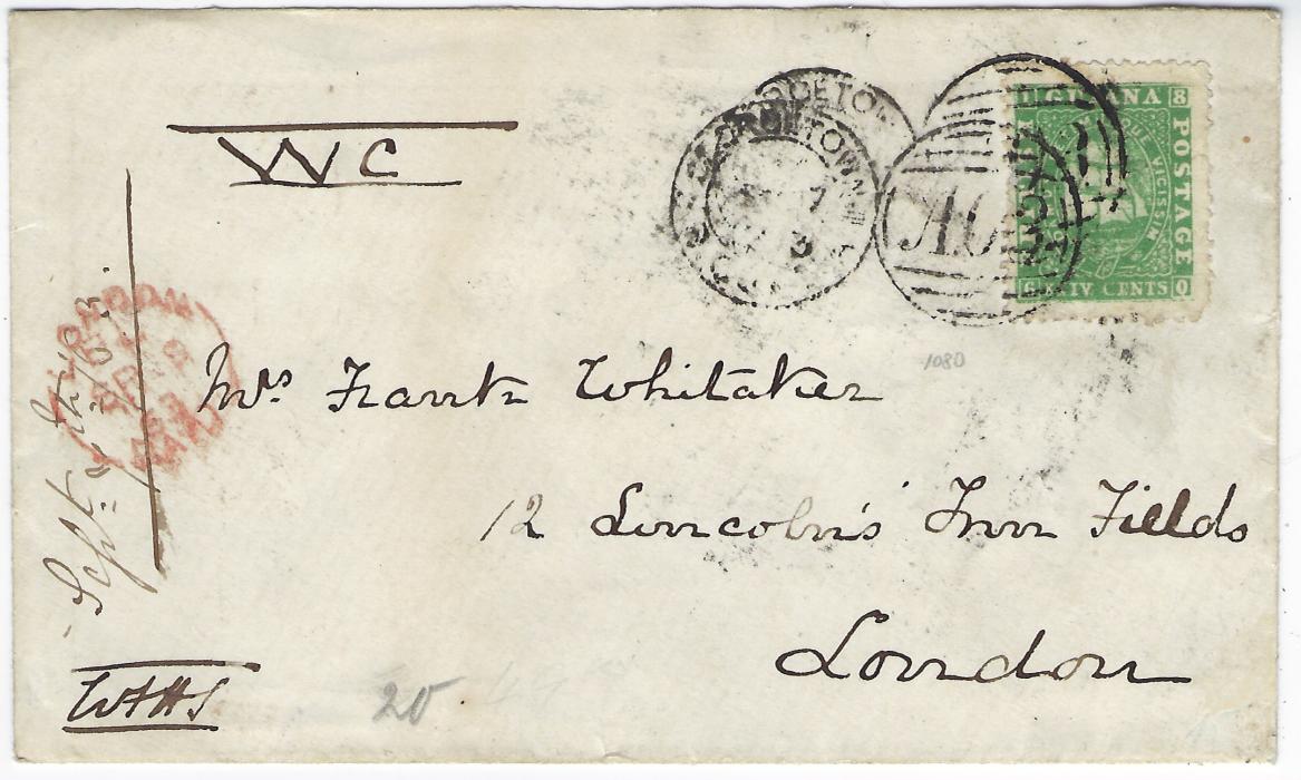 British Guiana 1863 (SP 7) envelope to London franked Thin Paper, perf 12½ XXIV Cents green tied by two strikes of italic A03 Georgetown duplex, London arrival cds at left of SP 29; without backflap otherwise fresh and clean condition.