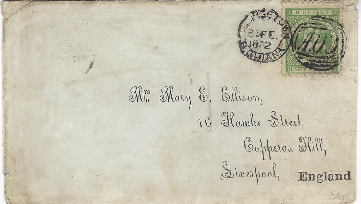 British Guiana 1872 (23 FE) envelope to England bearing single-franking 4th Setting, type A, perf 10 XXIV Cents tied italic ‘A03 Georgetown’ duplex, sent direct to Liverpool, arrival backstamp MR 14; some faults and repairs to backflap.