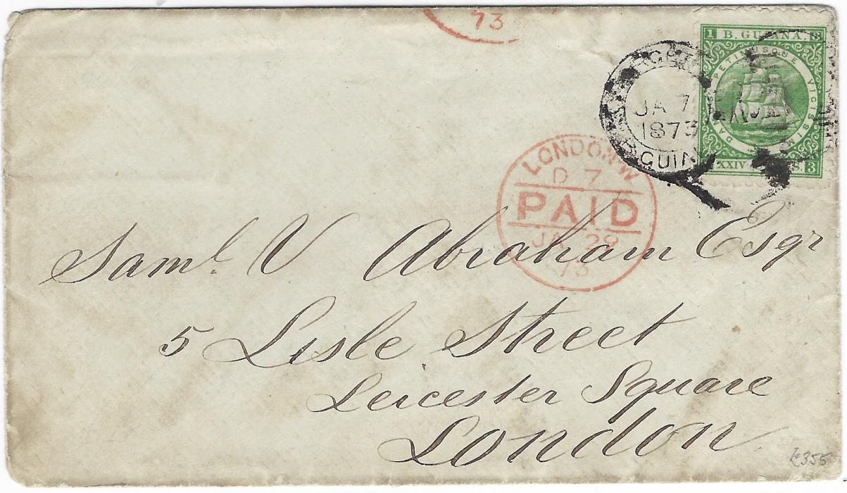 British Guiana 1873 (JA 7) envelope to London bearing 4th Setting, type B, perf 10 XXIV Cents tied by Georgetown duplex, arrival cds to left in red of JA 29; good  relatively clean condition.