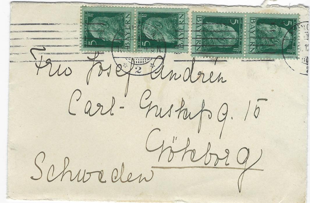 Sweden Olympics) 1912 incoming envelope from Bavaria franked four 5pfg tied Munich machine cancel, reverse with Olympics vignette in French tied by one of the receiving Goteborg cds.