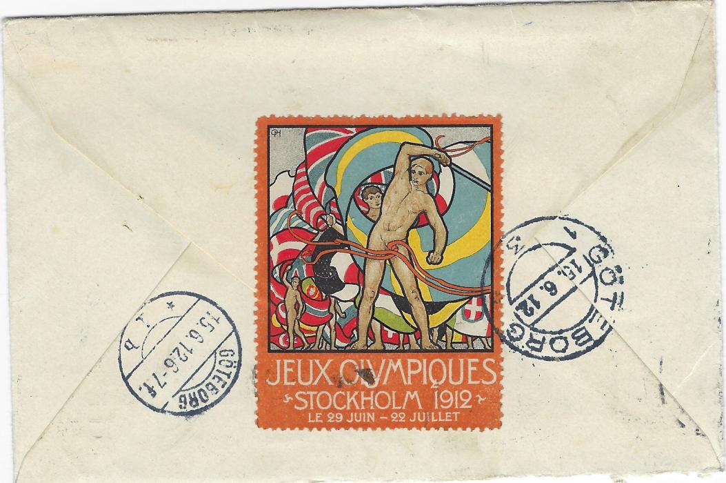 Sweden Olympics) 1912 incoming envelope from Bavaria franked four 5pfg tied Munich machine cancel, reverse with Olympics vignette in French tied by one of the receiving Goteborg cds.