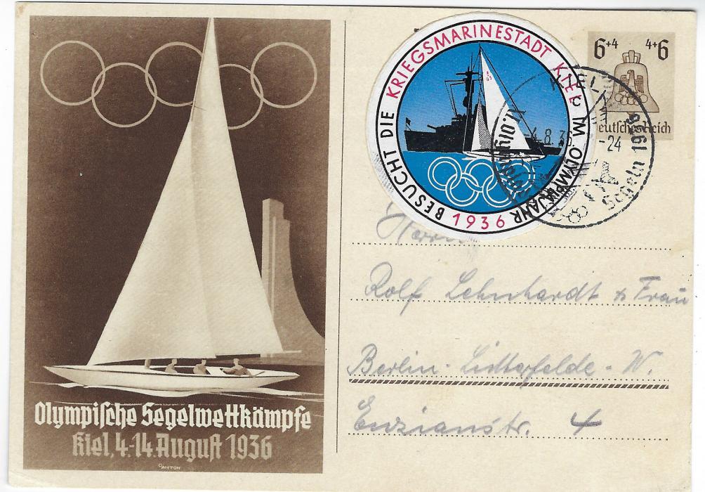 Germany (Berlin Olympics) 1936 (4.8.) 6+4pfg picture postal stationery card for Olympic Sailing at Kiel from 4th August, with special circular vignette for Kiel Navy with illustrated date stamp for Kiel Sailing; with message, unusual composition.