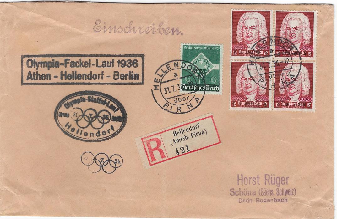 Germany (Berlin Olympics) 1936 (31.7.) registered cover to Schona at 54pf rate with stamps tied Hellendorf cds at left with framed Olympic Torch Relay 1936 handstamp, below this double oval date stamp and below this just the Olympic Rings with date of 31.7.36 within those rings, a rarer cancel. Light vertical filing crease, arrival backstamps.