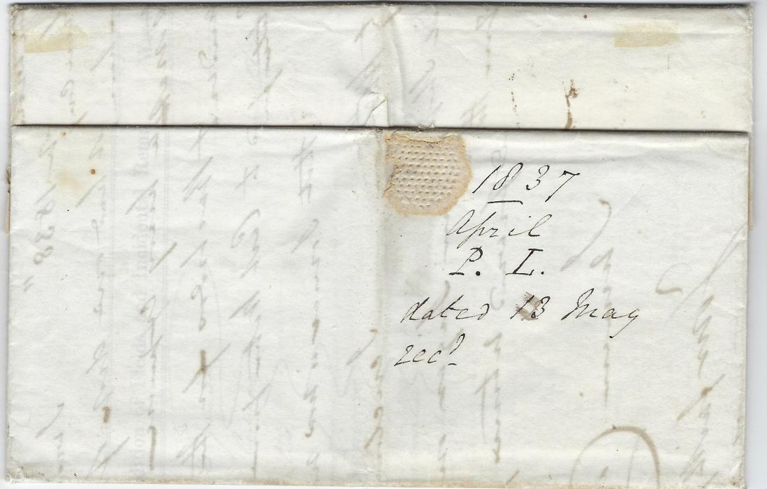 Antigua 1837 13th May entire from the Parkam Lodge Estate to England, endorsed at base per barque “Ann Gales” with full bill of landing, manuscript rate and fine framed INDIA LETTER/PORTSMOUTH struck in error. One of the two known such errors from this correspondence, the only ones known from anywhere in the West Indies. Very fine.