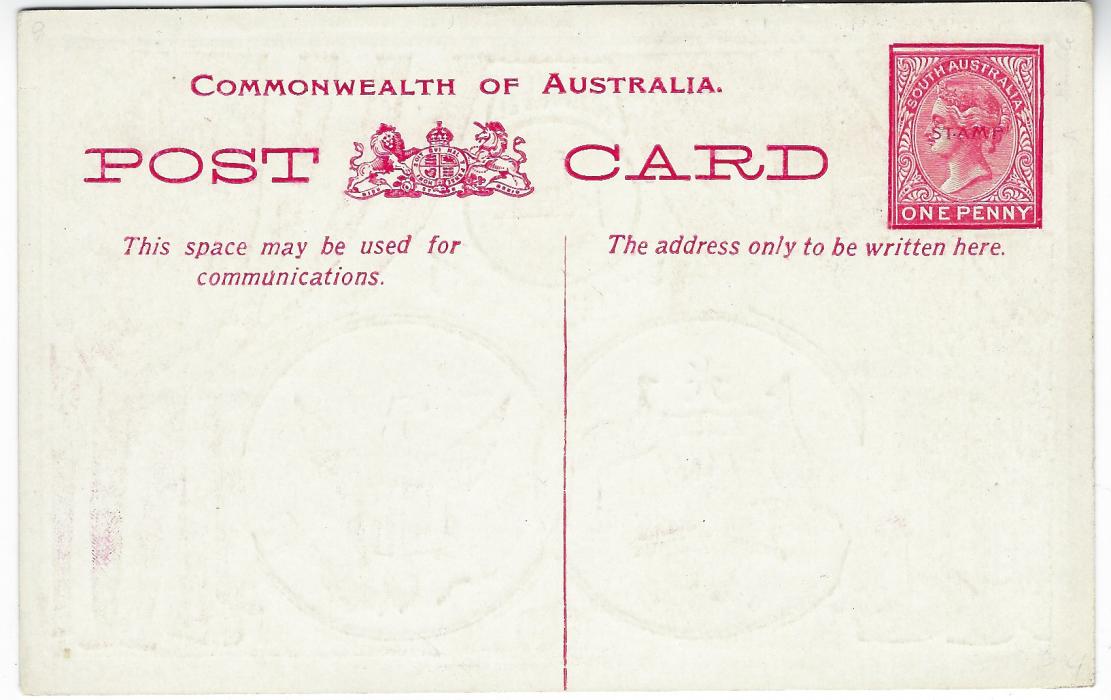 Australia (South) 1908 Visit of United States Fleet 1d. red stationery card bearing very fine colourful image on front with Australian and American Flags and Coats of Arms, inscribed Australians Welcome Americans; fine unused