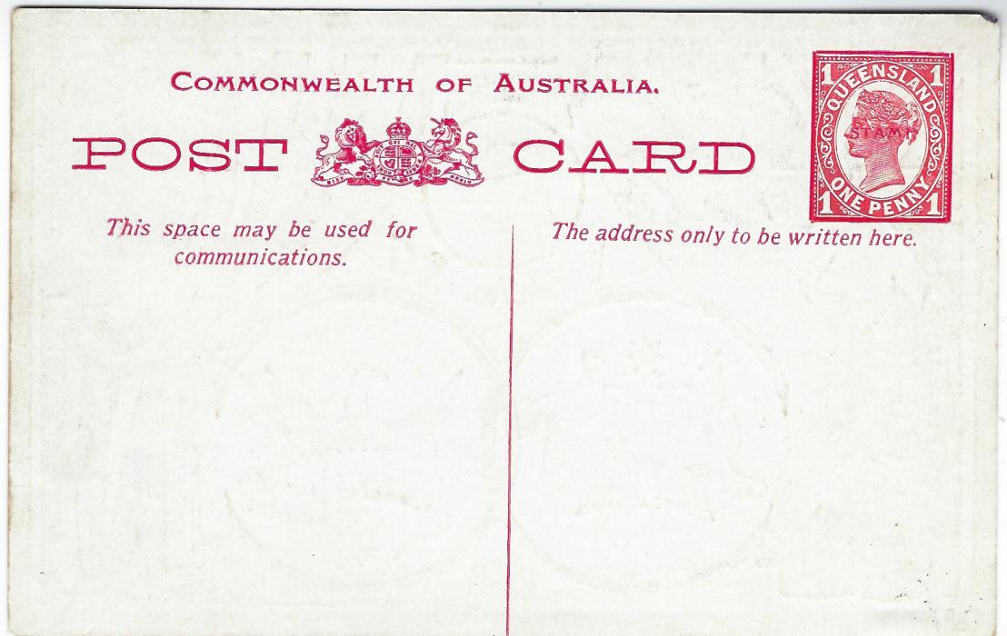Australia 1908 Visit of United States Fleet 1d. red stationery card bearing very fine colourful image on front with Australian and American Flags and Coats of Arms, inscribed Australians Welcome Americans; fine unused