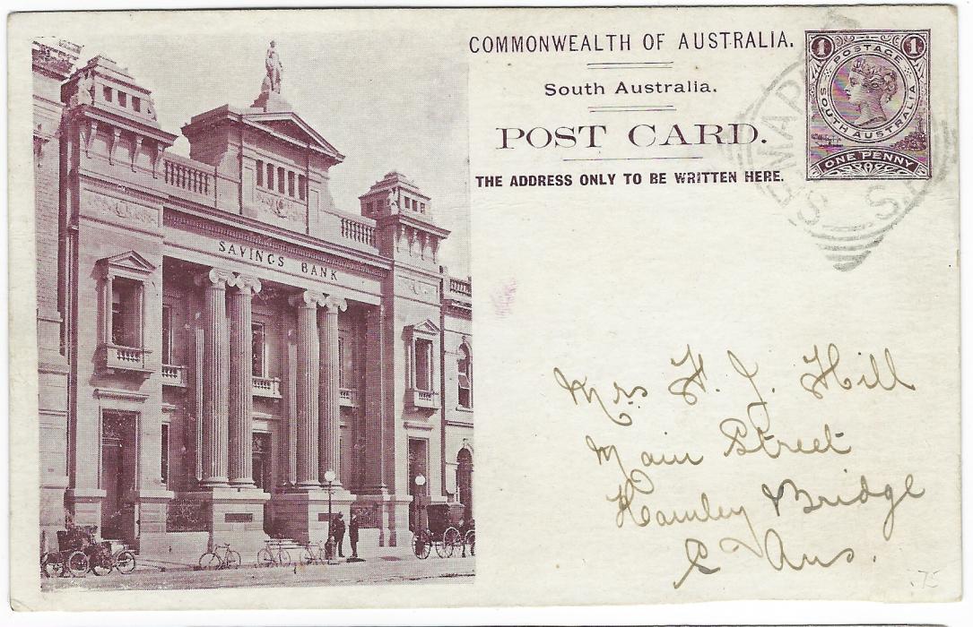 Australia (South) 1909 1d. brown-purple picture stationery with illustration of Savings Bank showing clear images of three bicycles, used with full message from Semaphan, square circle despatch;  good condition.