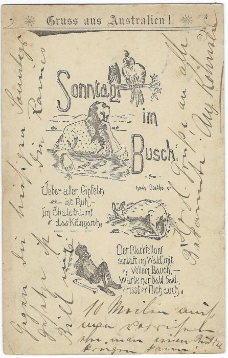 Australia (New South Wales – Picture Stationery) 1897 1½d. card entitled ‘Gruss aus Australien’ with poem and illustrations (Parrot, Kangaroo and Aborigine) entitled ‘Sonntag im Busch’ used to New York with uprating stamp removed.
