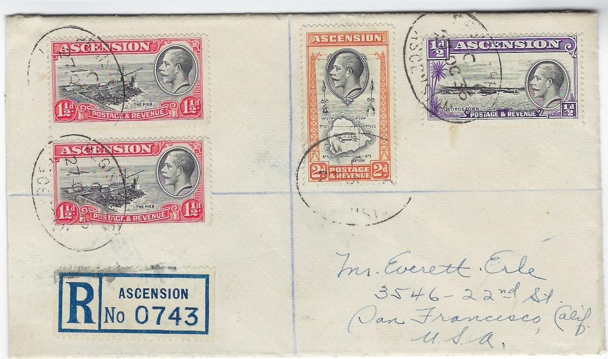 Ascension 1936 registered envelope to San Francisco franked ½d., 1½d. (2) and 2d. cancelled with oval dte stamps, registration label bottom left, reverse with Saint Helena ½d. tied by blue crayon lines and arrival cds.