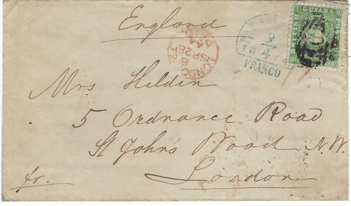 British Guiana 1864 (9/4) envelope to London from Paramaribo whose blue date stamp appears at right, partly overstruck with XXIV Cents (!st Setting, Ist printing, perf 12) applied at Georgetown with an unclear ‘A03’ obliterator, red London paid to left of SP 26, reverse with Demarara transit and final arrival.