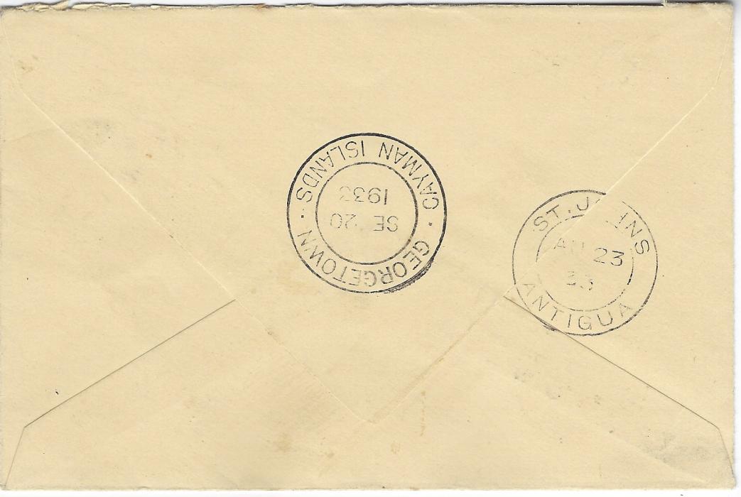 Cayman Islands 1933 (SE 20) ‘Panton’ envelope incoming from Barbuda franked Antigua 1932 Tercentenary ½c. tied Barbuda B.W.I. cds, ‘T’ in circle handstamp applied at Georgetown and franked 2c. Centenary tied double-ring date stamp, repeated on reverse, St Johns Antigua transit; fine condition.