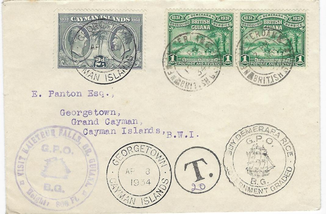 Cayman Islands 1934 (AP 8) ‘Panton’ envelope incoming from British Guiana franked Centenary  1c. pair tied New Amsterdam cds and showing two different special handstamps promoting Waterfall visit and Buying Demerara Rice, ‘T.’ in circle handstamp applied on despatch with manuscript “2d” , additionally franked 2c. Centenary tied double-ring Georgetown date stamp, repeated at base and on reverse where Georgetown British Guiana also appears. Fine condition.