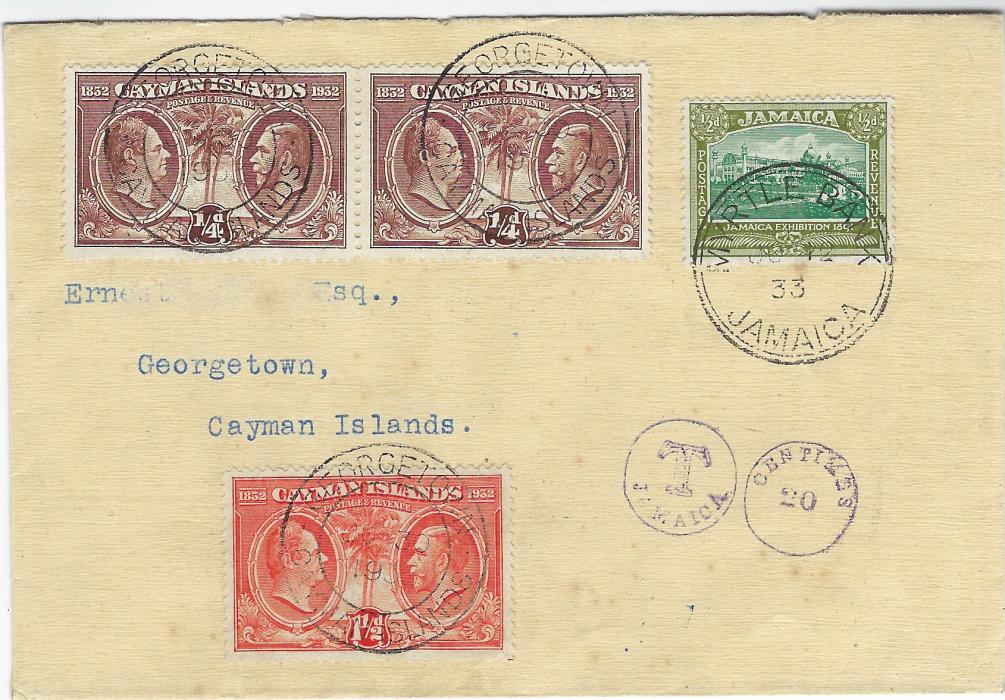 Cayman Islands 1933 ‘Panton’ envelope incoming from Jamaica  franked ½d. tied Myrtle Bay cds, violet opera-glasses ‘T’ handstamp applied on despatch  and additionally franked ¼d. (2) and 1½d. Centenary tied double-ring Georgetown date stamp, repeated at base and on reverse.