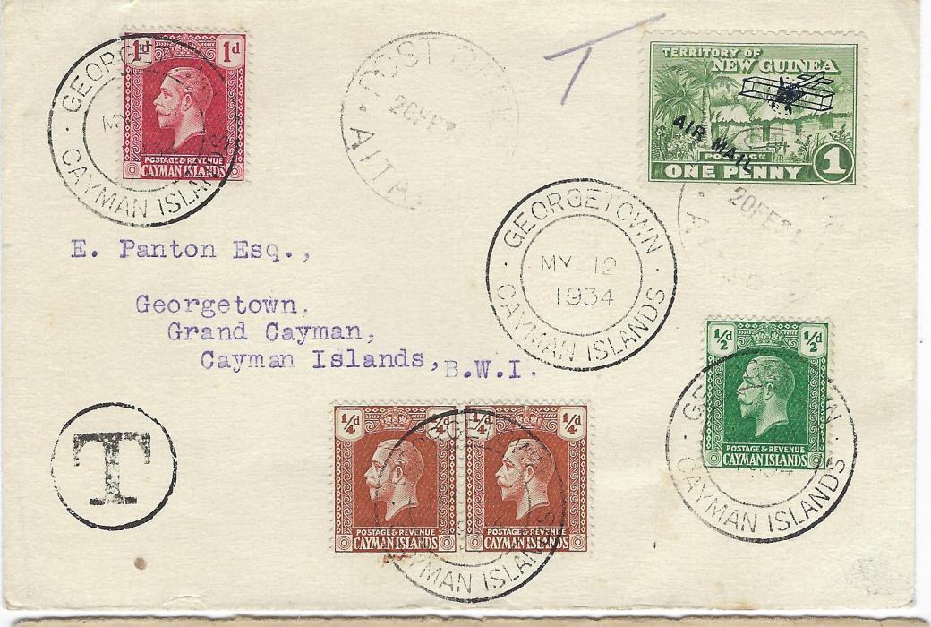 Cayman Islands 1934 ‘Panton’ envelope incoming from New Guinea  franked 1d. Airmail tied Aitape cds, ‘T’ in circle handstamp applied locally and additionally franked definitives ¼d. pair, ½d.  and 1d. tied double-ring Georgetown date stamp, repeated on reverse.