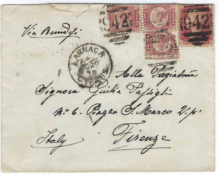 Cyprus 1878 envelope to Firenze, Italy franked Great Britain 1864-79 1d. , plate 179 and three 1870-79 ½d. plates 13 (2) and 15 tied ‘942’ obliterators with Larnaca Cyprus cds in association, reverse with Brindisi transit and arrival cds; one ½d. damaged top right and tear in backflap extending onto front, a fine and rare franking.