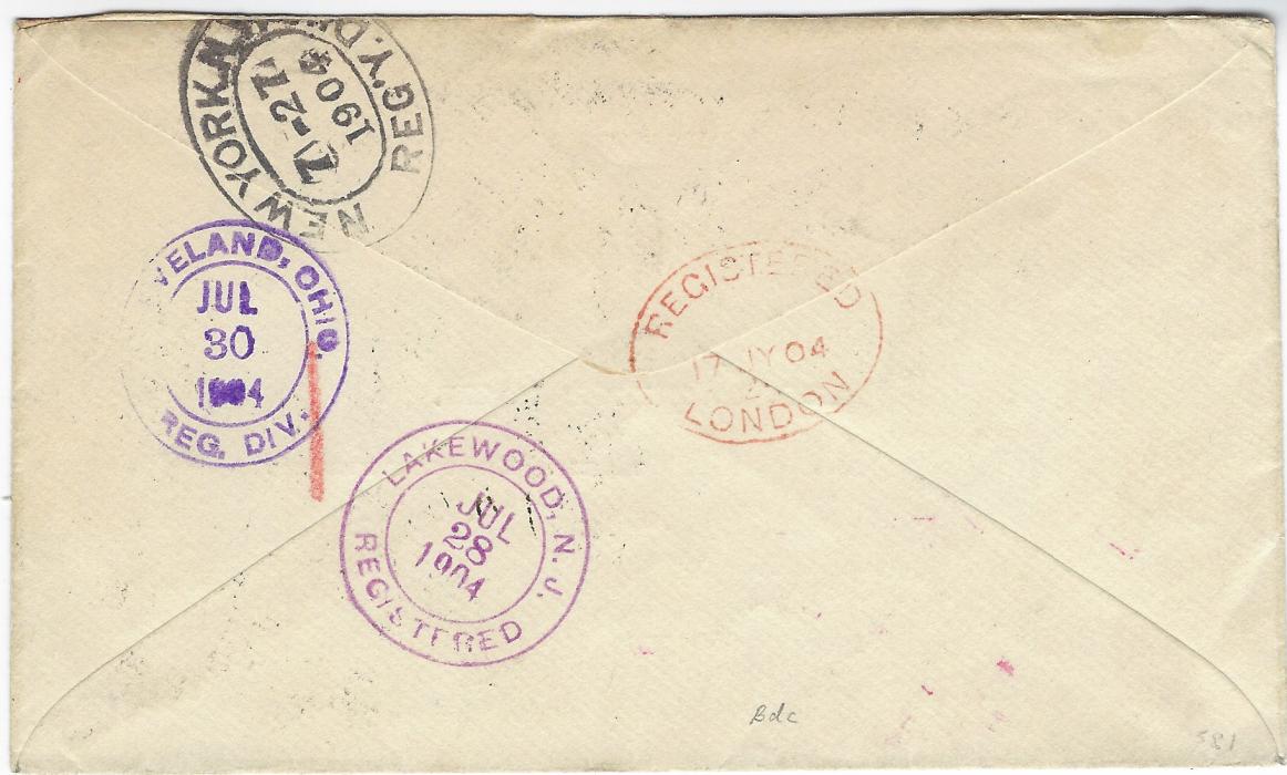 Falkland Islands 1904 (JU 22) registered printed envelope to Lakewood, New Jersey, USA franked Queen Victoria ½d. (2), 1d. (4) and 2d. tied by double-ring date stamps with small crosses, index letter C sideways, cursive registration handstamp, sent via London with 17 JY 04 transit backstamp and New York (7-27), redirected then on arrival. Fine and fresh condition.