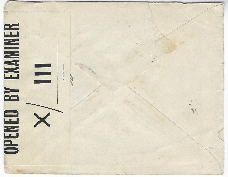 Fiji 1943 (1 NOV) cover to Akron, Ohio under-franked 2d. tied Suva cds, at far left circular T/20 handstamp, at right censor tape OPENED BY EXAMINER X/  III; good condition.