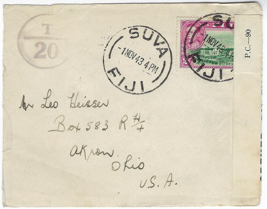 Fiji 1943 (1 NOV) cover to Akron, Ohio under-franked 2d. tied Suva cds, at far left circular T/20 handstamp, at right censor tape OPENED BY EXAMINER X/  III; good condition.