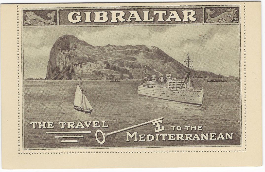 Gibraltar (Illustrated postal stationery) 1930s KGV 2d postal stationery letter card with fine illustration on reverse of ‘rock’ and Ocean Liner, overprinted SPECIMEN diagonally.