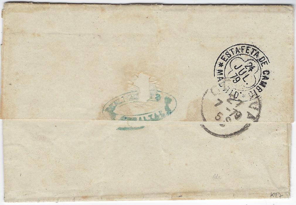 Gibraltar 1879 (JY 21) entire to Genova, endorsed “via Spain” franked Great Britain 1864-79 1d., plate 192 and 1879-79 ½d. vertical strip of three EF-GF, cancelled ‘A26’ obliterators with cds at left, reverse with Madrid transit and arrival cds; some toning around perfs mainly, a less usual franking.