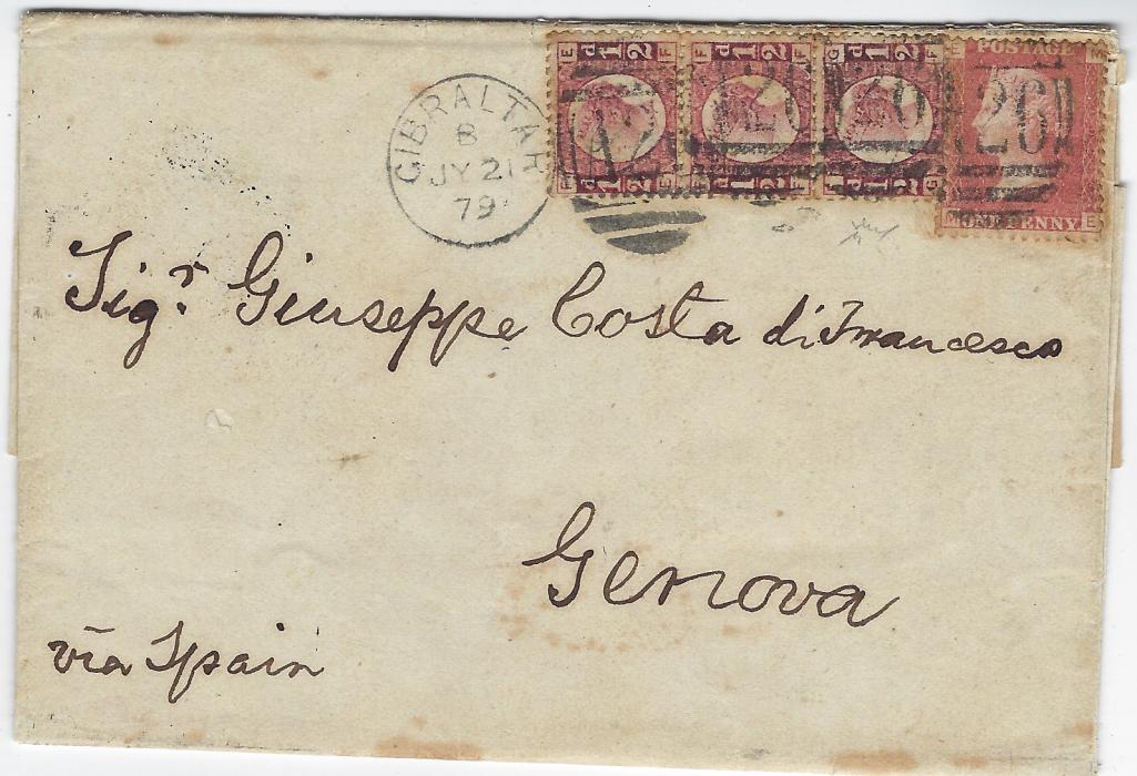 Gibraltar 1879 (JY 21) entire to Genova, endorsed “via Spain” franked Great Britain 1864-79 1d., plate 192 and 1879-79 ½d. vertical strip of three EF-GF, cancelled ‘A26’ obliterators with cds at left, reverse with Madrid transit and arrival cds; some toning around perfs mainly, a less usual franking.